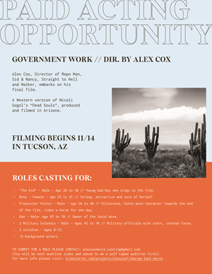 Alex Cox Film Casting Call flyer (text is in next section) of copy.